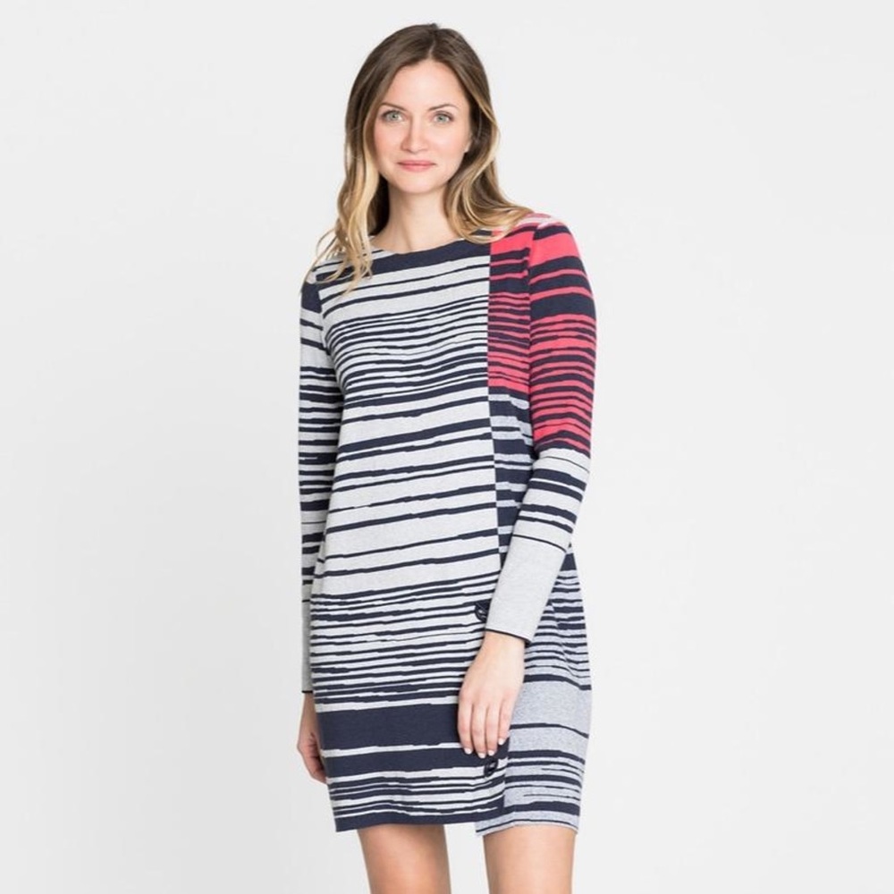 NIC+ZOE Long Sleeve Knit Shift Dress Boatneck Striped Blue Red Grey Size XL